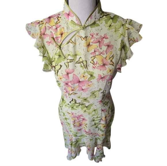 Vintage Y2k Asymetrical Asian Style Butterfly Print Flutter Sleeved Dress - Picture 3 of 8